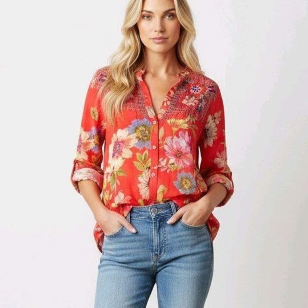 Johnny Was Blouse Red Floral‎ Embroidered Handkerchief Hem Boho L